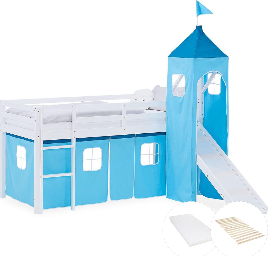 Homestyle4u Kinder Hochbett 90x200 Rutsche Matratze Vorhang Turm blau Kinderbett
