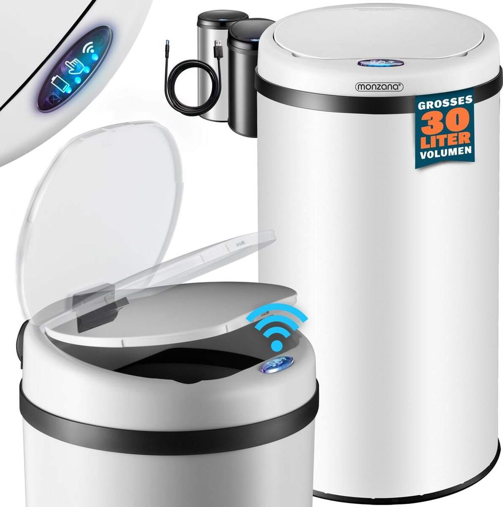 A collage of images showcasing a white sensor trash can with its lid open and closed, along with smaller trash cans and a USB charging cable.