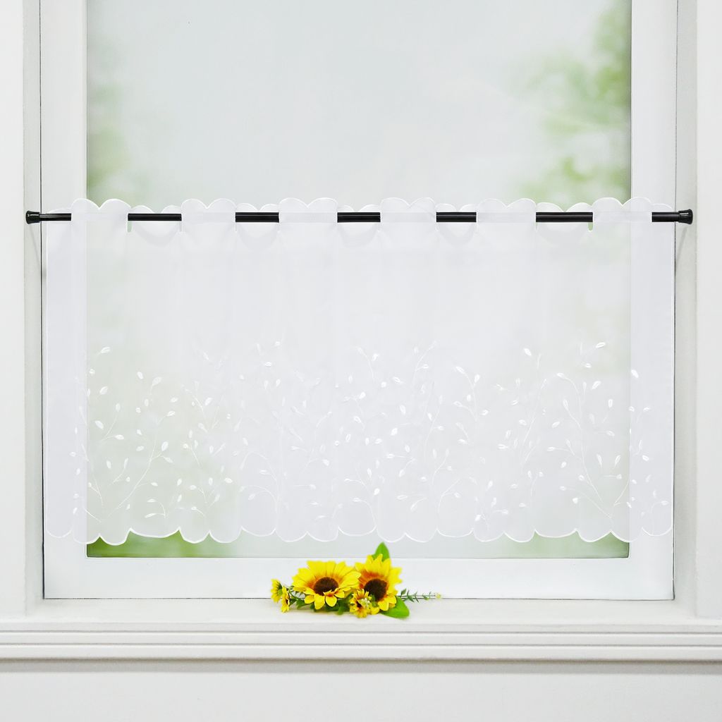 Joyswahl Scheibengardinen Voile Bistrogardine mit Blattstickerei Küchengardinen Bestickte Kurzstores Stangendurchzug Transparent Weiß HxB 45x120 cm