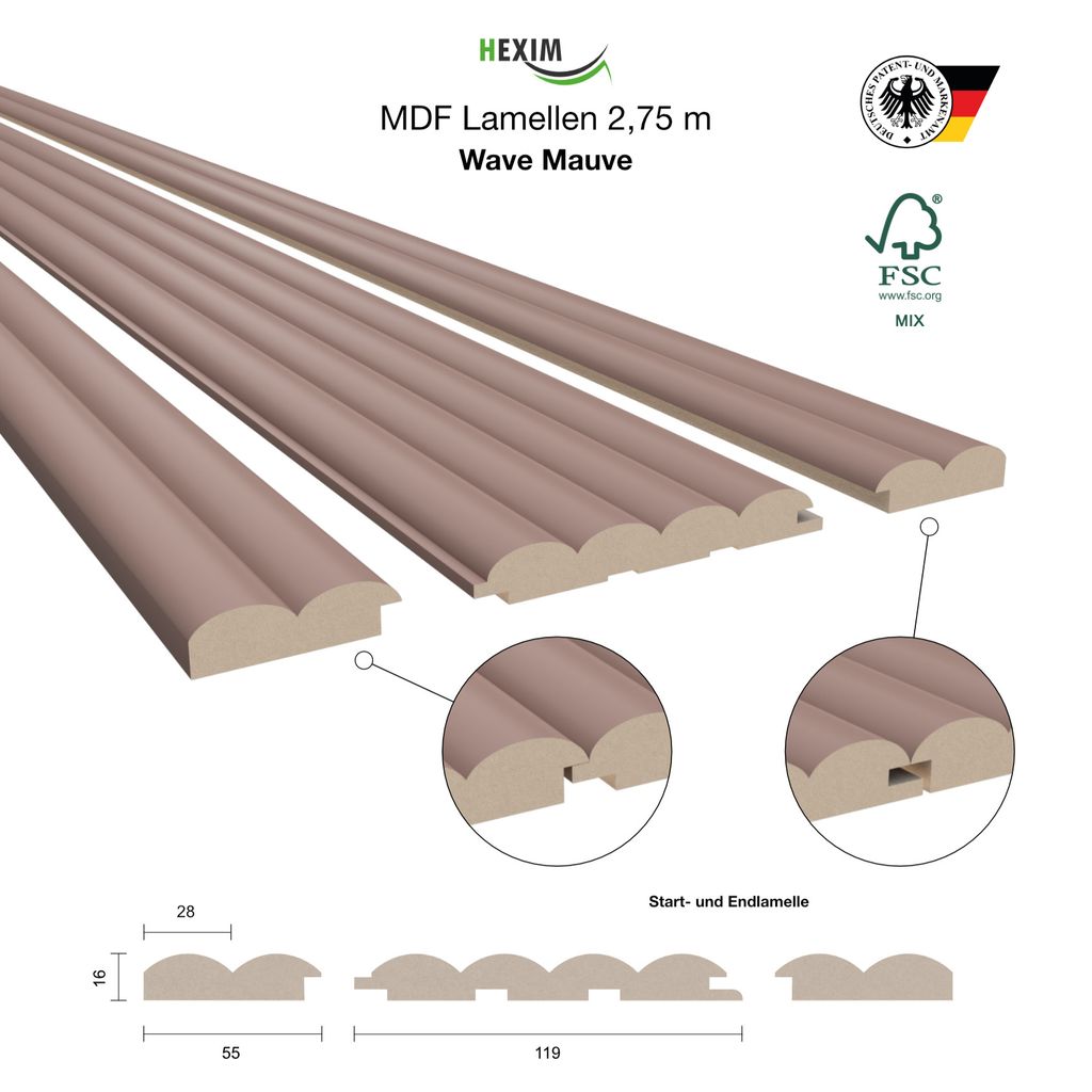 WAVE Lamellen 2,75m HEXIM - MDF Holz