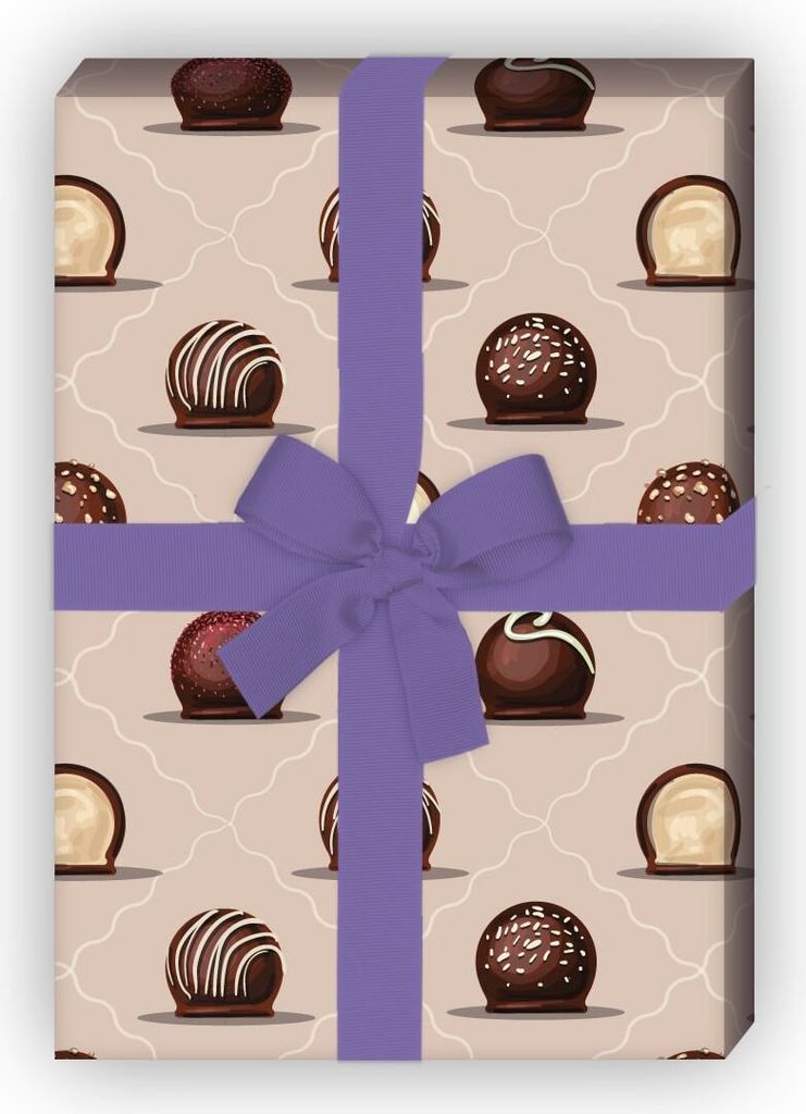 Delikates Geschenkpapier mit Schokoladen Pralinen auf beige rosa - G7616, 32 x 48cm