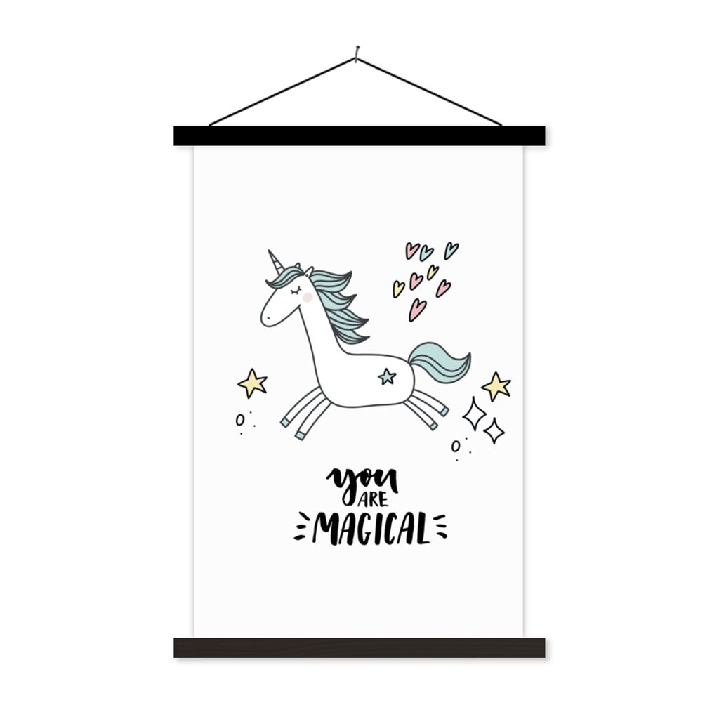MuchoWow Textilposter Einhorn - Kinder - Zitate - Du bist magisch - Mädchen 60x90 cm mit schwarzem Rahmen - Poster Wohnzimmer