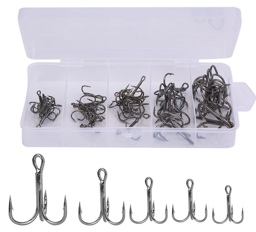 50 Stück Haken, Drillinghaken, geschärft, mit Widerhaken, hohe Festigkeit, Metall, Zubehör-Set für Angelhaken