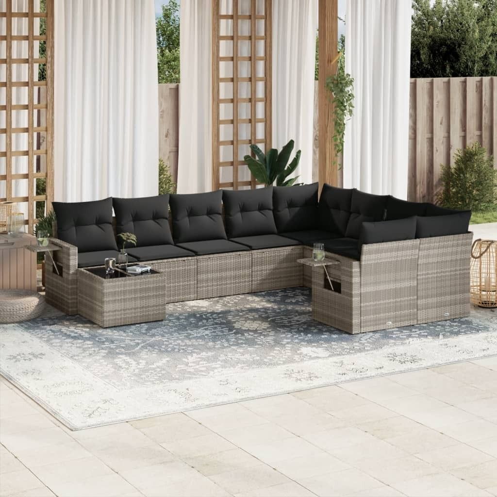 Industrie-Stil 10-tlg. Garten-Sofagarnitur Sofa Set mit Kissen Hellgrau Poly Rattan Terrassenmöbel2024 cloris