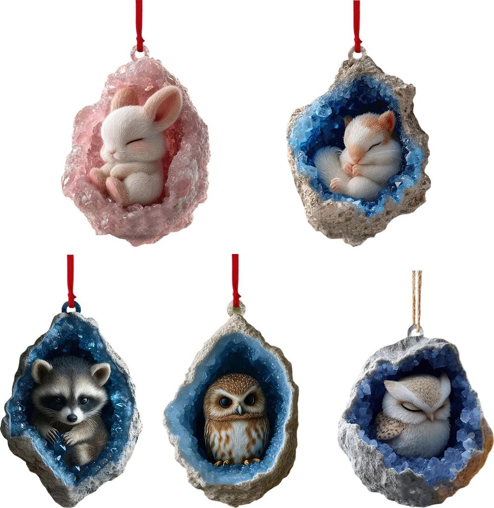 Geoden-Tierdekoration, 2D-Acryl-Waldkristallhöhle, kleine Tiere, Weihnachtsschmuck zum Aufhängen für den Weihnachtsbaum