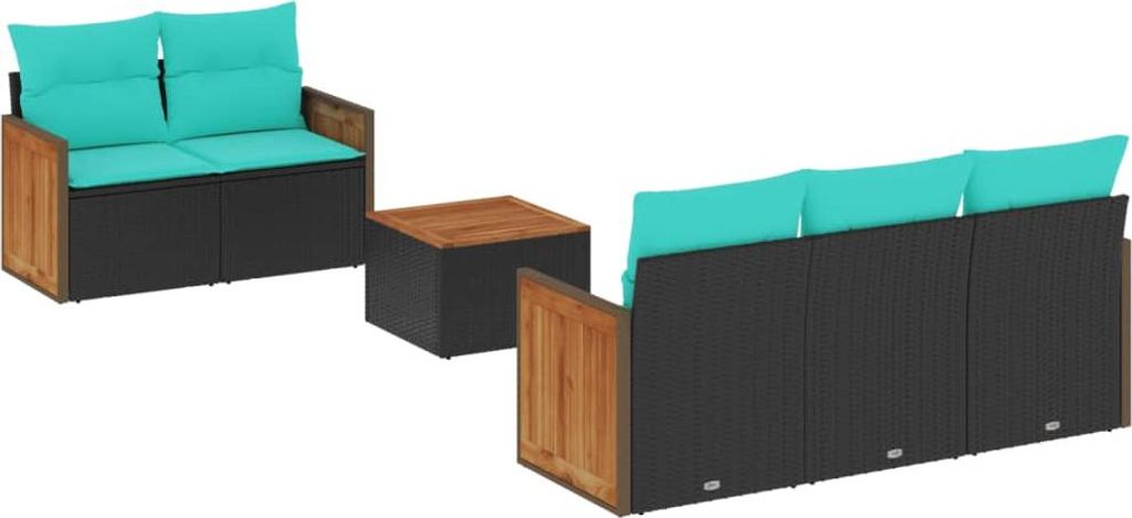 6-teiliges Gartensofa-Set mit Kissen, schwarzes Polyrattan