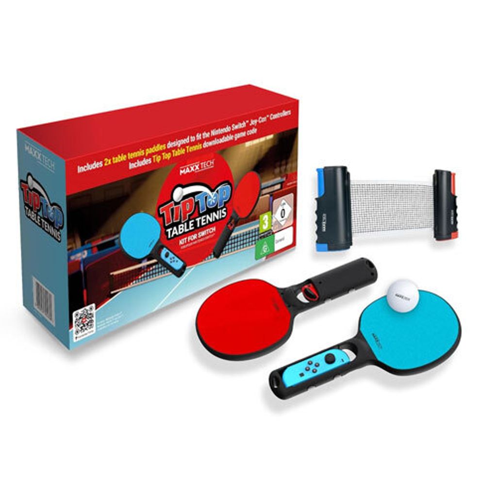 A product box for a Nintendo Switch table tennis game kit, along with the included accessories.