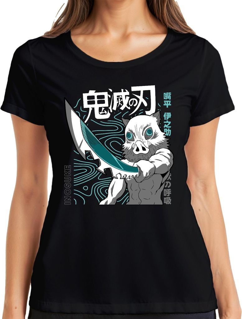 Inosuke Dämonenjäger Anime Ebermaske Schwert Manga Fan Geschenk Damen T-Shirt, Schwarz, M