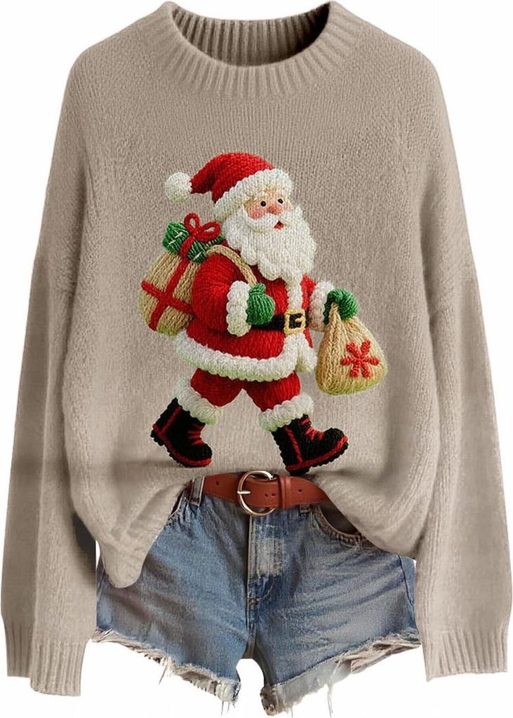 ASKSA Damen Weihnachtspullover,Strickpullover Rundhals Pulli Sweater Herbst Winter Warm Strickpulli Weihnachtspulli (B-Beige,XXL)