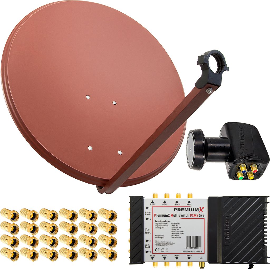 PremiumX SAT Anlage 80cm Antenne Ziegelrot Multischalter 5/8 LNB F-Stecker