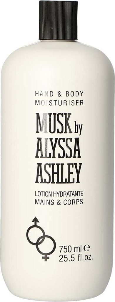 A white bottle of hand and body moisturizer with black text and a black cap.