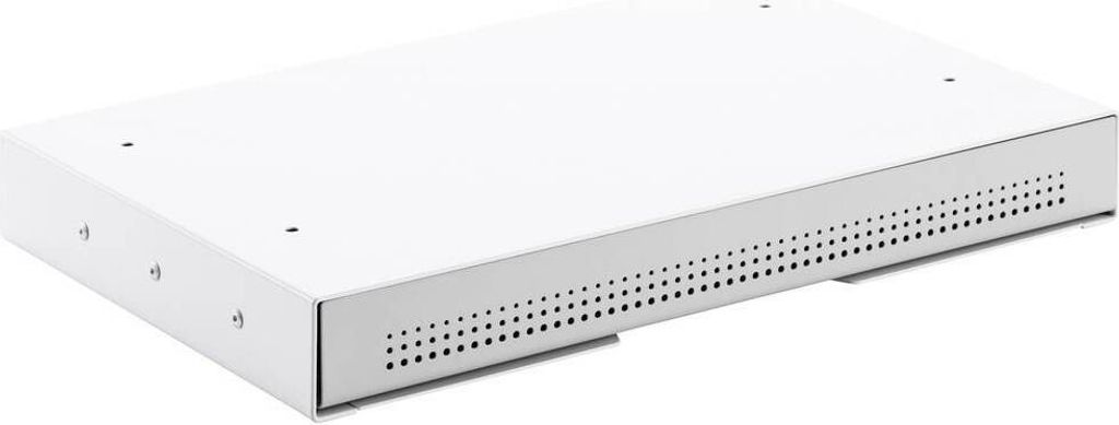 A white under-desk drawer with ventilation holes on the side.