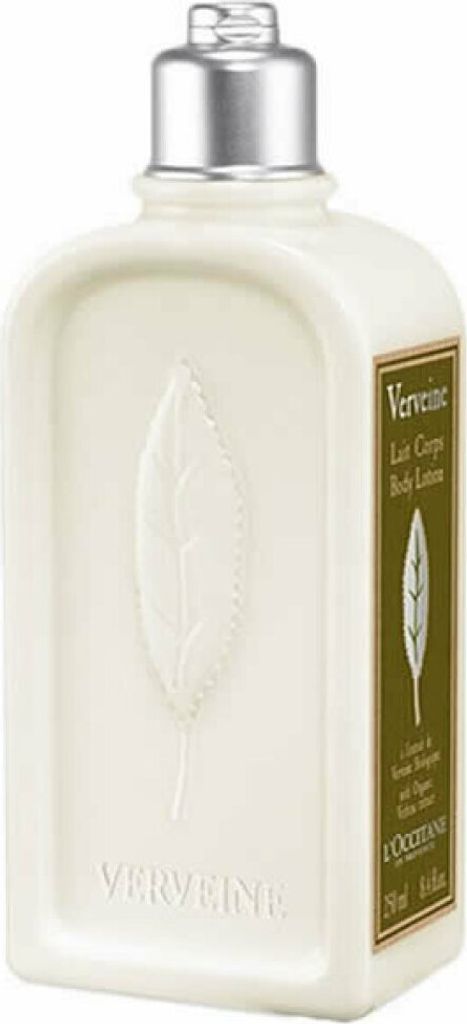 A white bottle of L'Occitane Verveine Body Lotion with a silver cap.