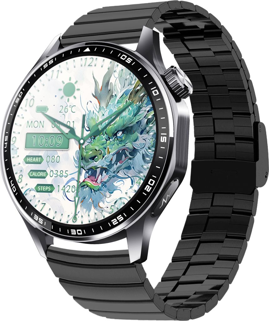 INF Smartwatch mit EKG, Herzfrequenzmesser, Blutdruckmessung und Schrittzähler Schwarzes Bamboo Edition-Armband