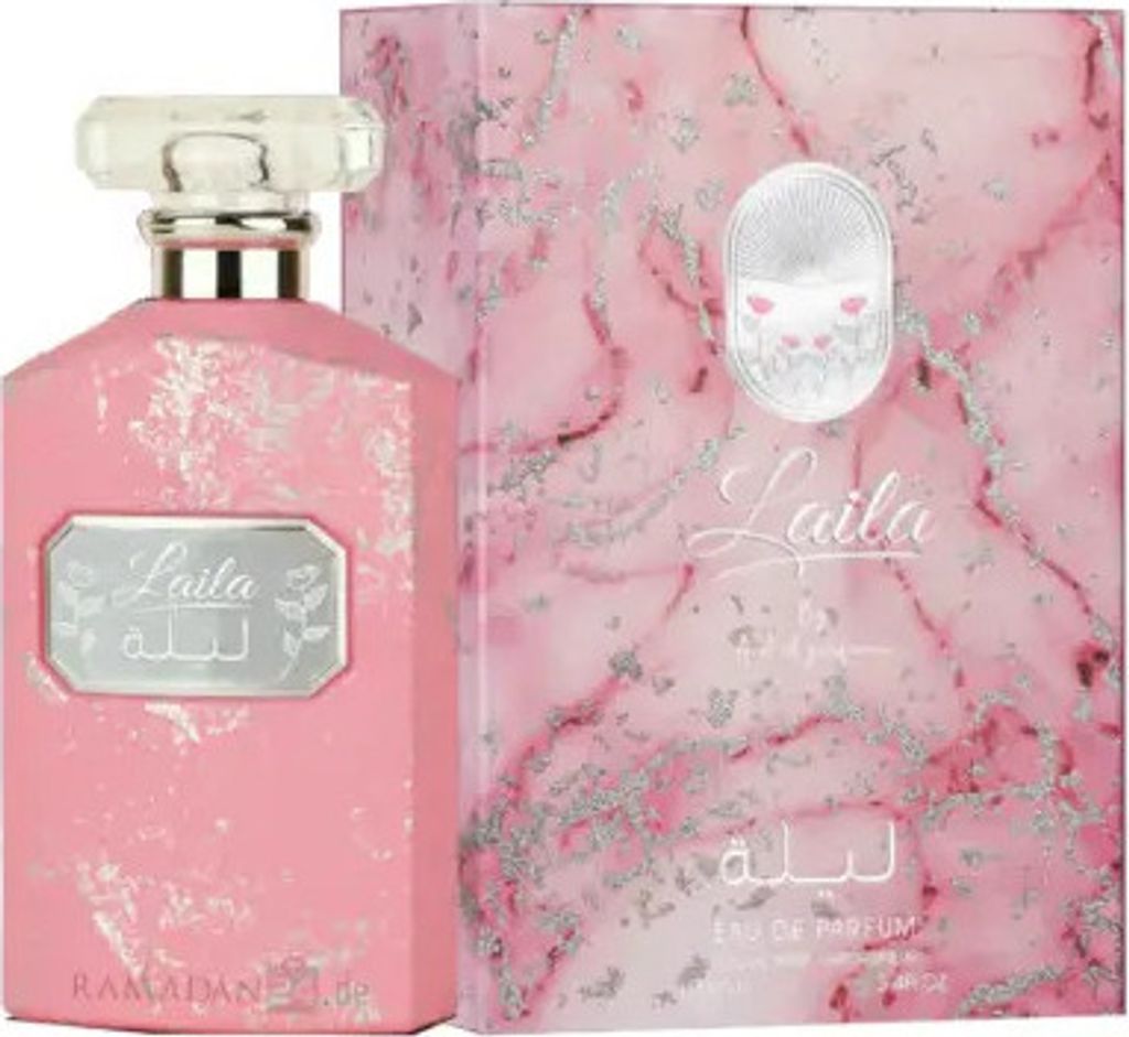 A pink perfume bottle and its matching box, both decorated with a marble-like pattern and silver accents.
