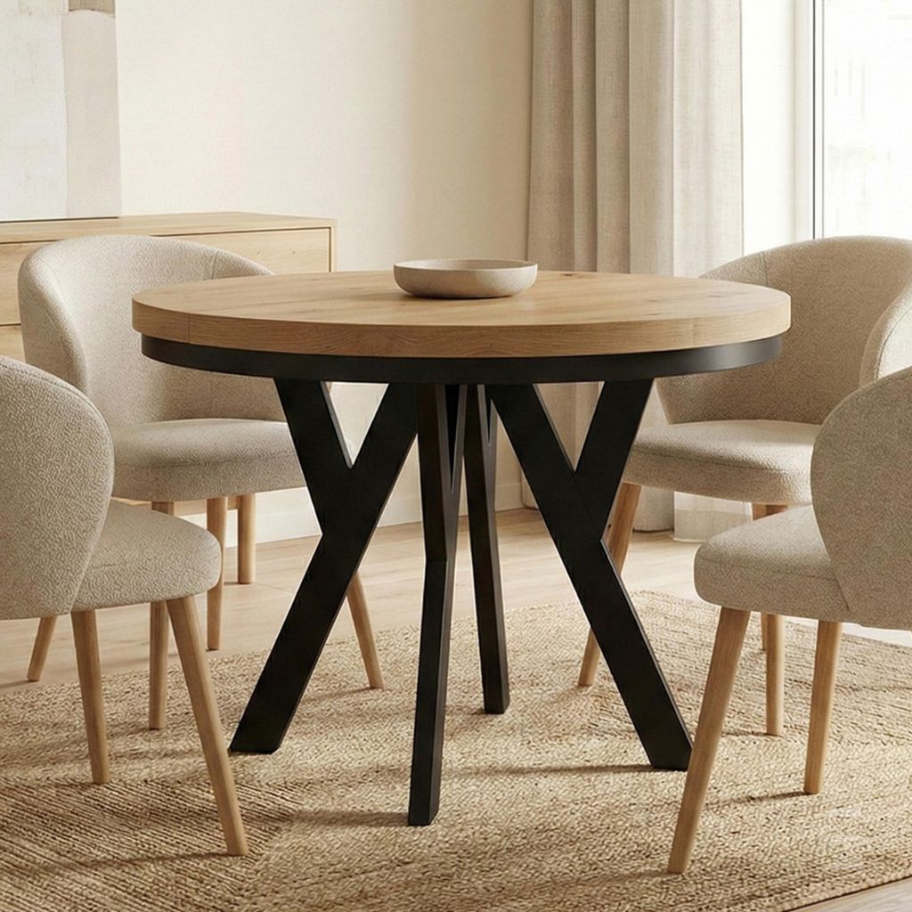 DEKORI Runder Ausziehbarer Tisch für Esszimmer, PERO mit einem Ring-Gestell, Loft-Stil, Durchmesser: 90 / 140 cm, Farbe: Eiche Craft Golden / Schwarz