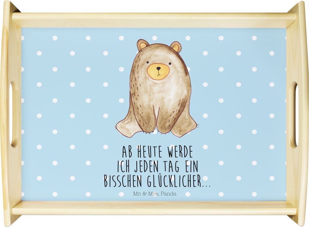 Mr. & Mrs. Panda Tablett Bär sitzend - Blau Pastell - Geschenk, Deko, Sofa, Serviertablett, Teddy, für bett, Servierplatte Holz