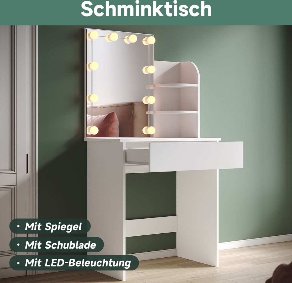 SONNI Kompakter Schminktisch Weiß, dreifarbige Glühbirne, einstellbare Helligkeit, 70 x 40 x 140 cm