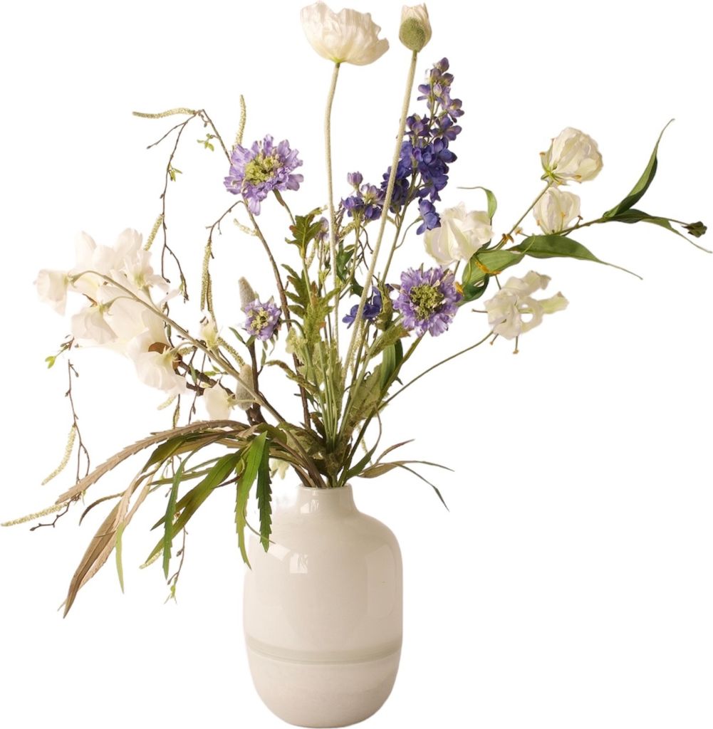 WinQ -Feld Bouquet von Seidenblumen komplett- Bouquet mit Vase- Künstliche Blumen in Weiß mit Blau