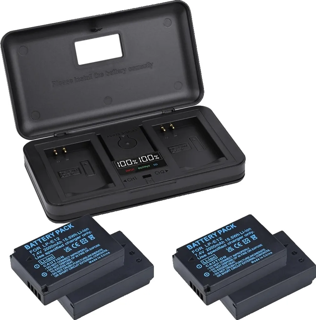 Pack de 2 Batteries LP-E12 2000mAh avec Chargeur Double pour Canon EOS
