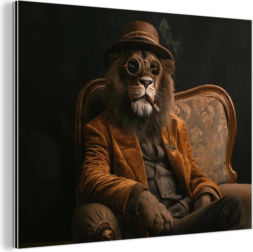 MuchoWow Wanddekoration Metall Metallbild Wandkunst 40x30 cm Brille - Löwe - Bank - Hut MuchoWow Aluminium Gemälde - Dekoration Wohnzimmer