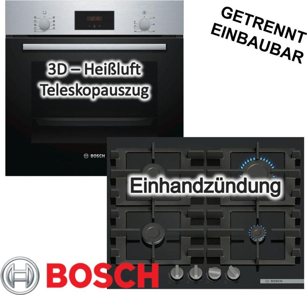 Backofen-Set Bosch Backofen Teleskopauszug 3D Heißluft + Gaskochfeld 60 cm Einhandzündung Zündsicherung