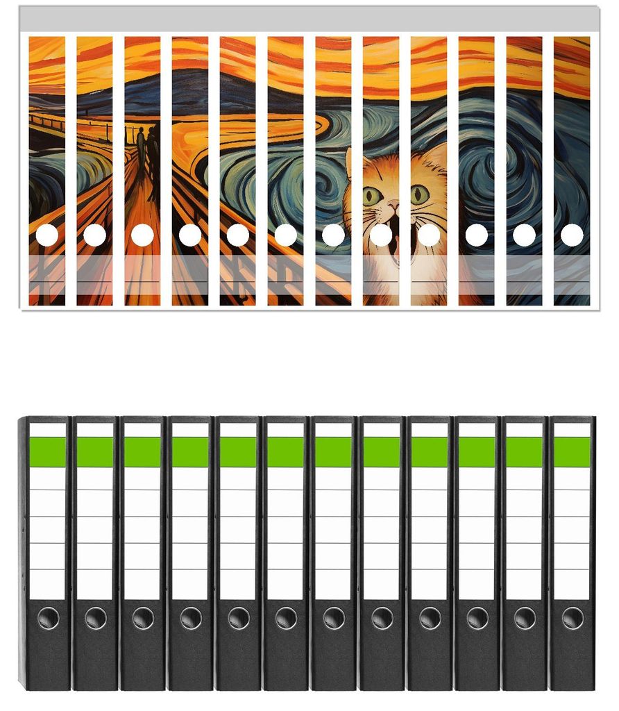 Wallario 12 Stück schmale Ordner inkl. Klebeetiketten mit Motive Der Schrei der Katze - Set mit Rückenschildern / Ordnerrücken Stickern