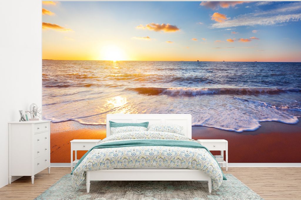 MuchoWow Fototapete für Wohnzimmer oder Schlafzimmer Wandtapete Vinyl Motivtapete Strand - Meer - Sonne - Horizont - 400x300 cm - Papiertapeten