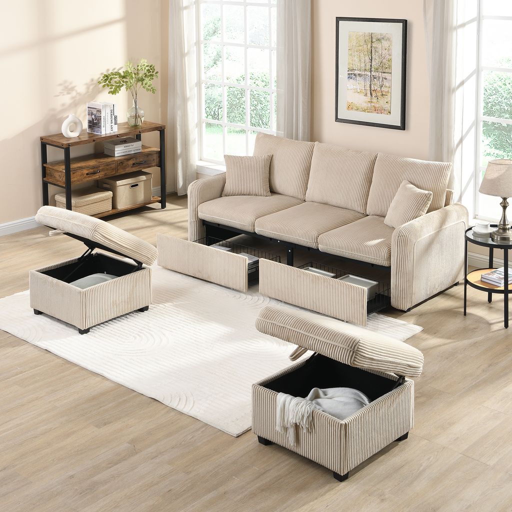 Merax Ecksofa U-Form mit Schlaffunktion und Stauraum, Dreisitzer Sofa-Set mit 2 Hocker – Chenille-Stoff, Metallrahmen, Modular Kombinierbar, Beige
