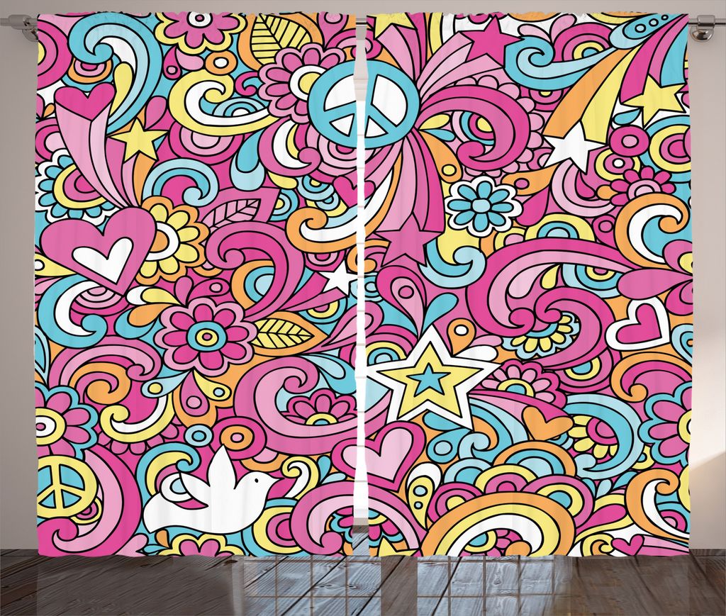 ABAKUHAUS toll Rustikaler Gardine, Funky 60er Retro Fun, Schlafzimmer Kräuselband Vorhang mit Schlaufen und Haken, 280 x 175 cm, Mehrfarbig
