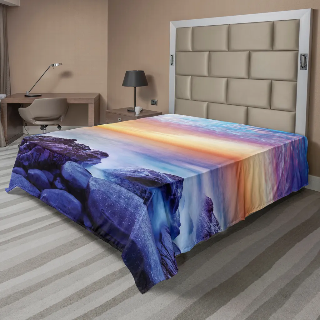 Drap de lit décoratif motif paysage marin et planète 260x228cm Bleu