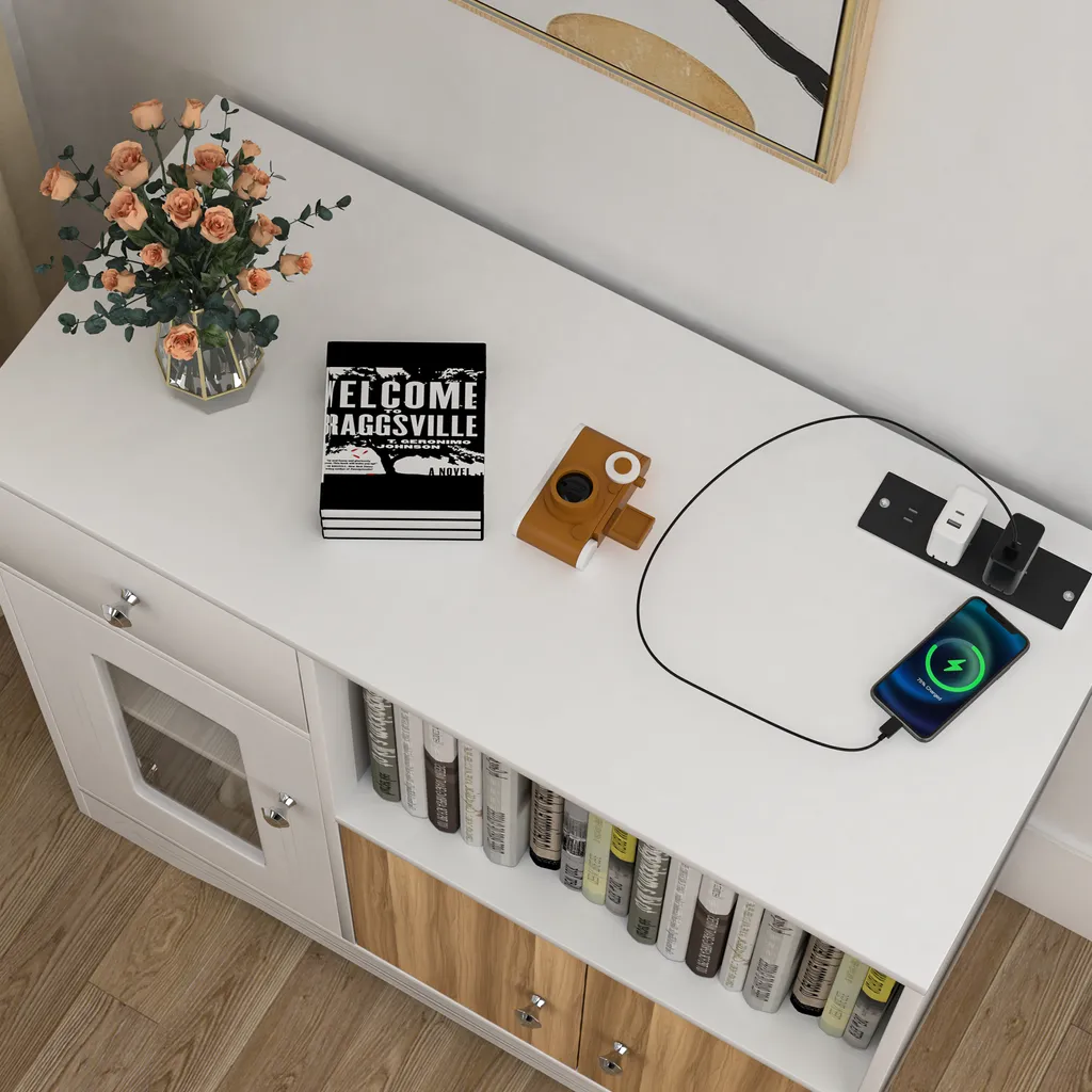 Buffet de cuisine avec prise intégrée pour micro-ondes et rangements - 3