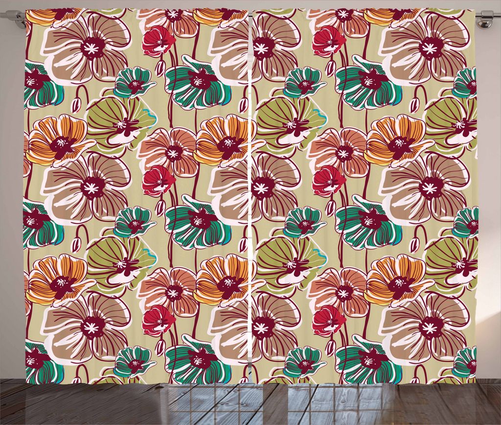 ABAKUHAUS Erdfarben Rustikaler Gardine, Bunte Mohnblumen, Schlafzimmer Kräuselband Vorhang mit Schlaufen und Haken, 280 x 225 cm, Mehrfarbig