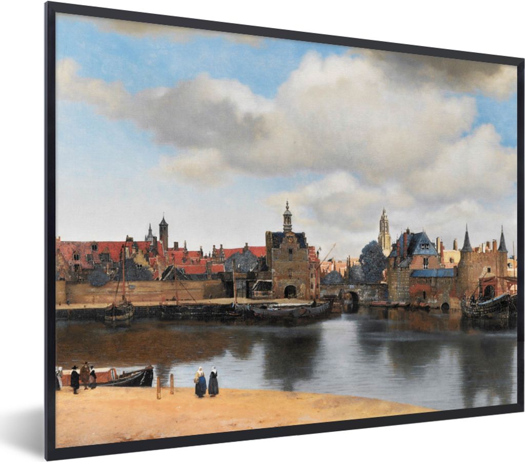 MuchoWow Gerahmtes Poster Vermeer - Stadt - Alte Meister - Kunst 40x30 cm - Poster mit Schwarzem Bilderrahmen Wandposter Rahmen Foto Bilder - Kun...