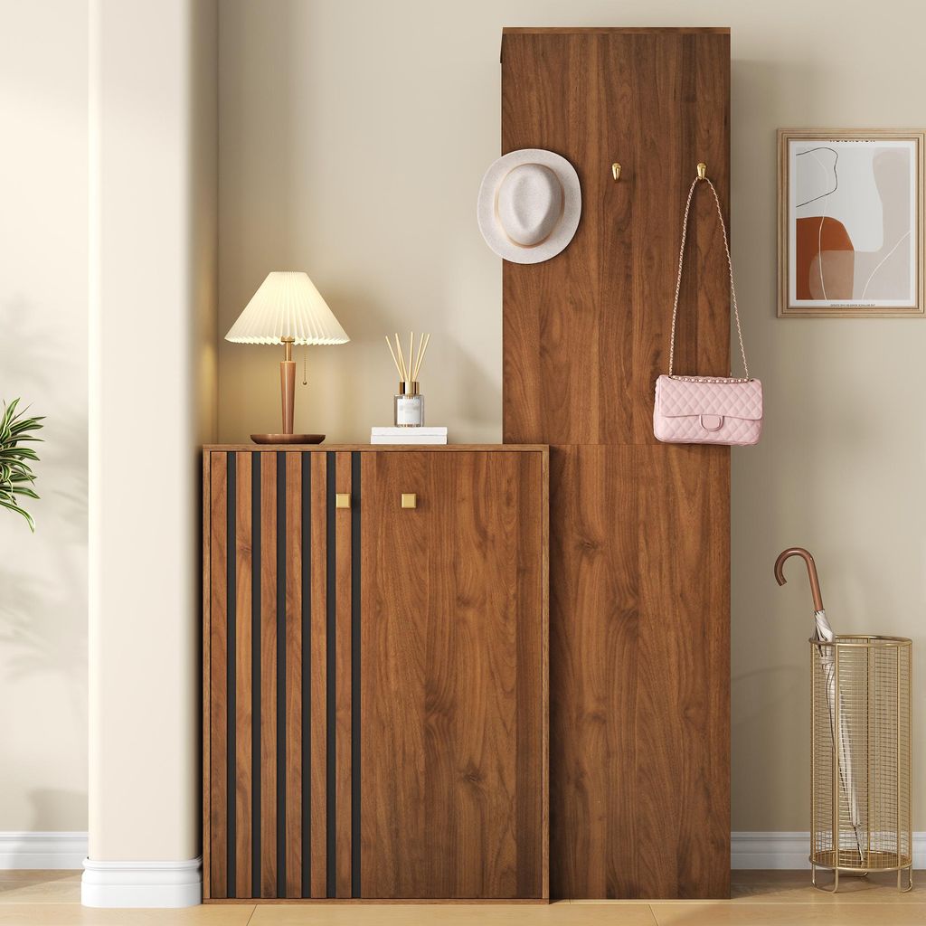 Merax Moderne Garderobe mit Wandmontage, Schuhschrank mit Kleiderstange und Haken, Kompakt-Flurgarderobe mit verstellbare Einlegeböden, Walnuss