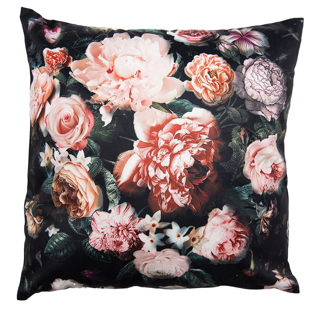 Clayre & Eef Kissenbezug 45x45 cm Schwarz Rosa Polyester Blumen