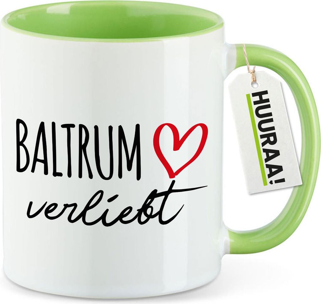Huuraa Kaffeetasse Baltrum verliebt 330ml Grün Keramik Kaffeebecher Geschenkidee