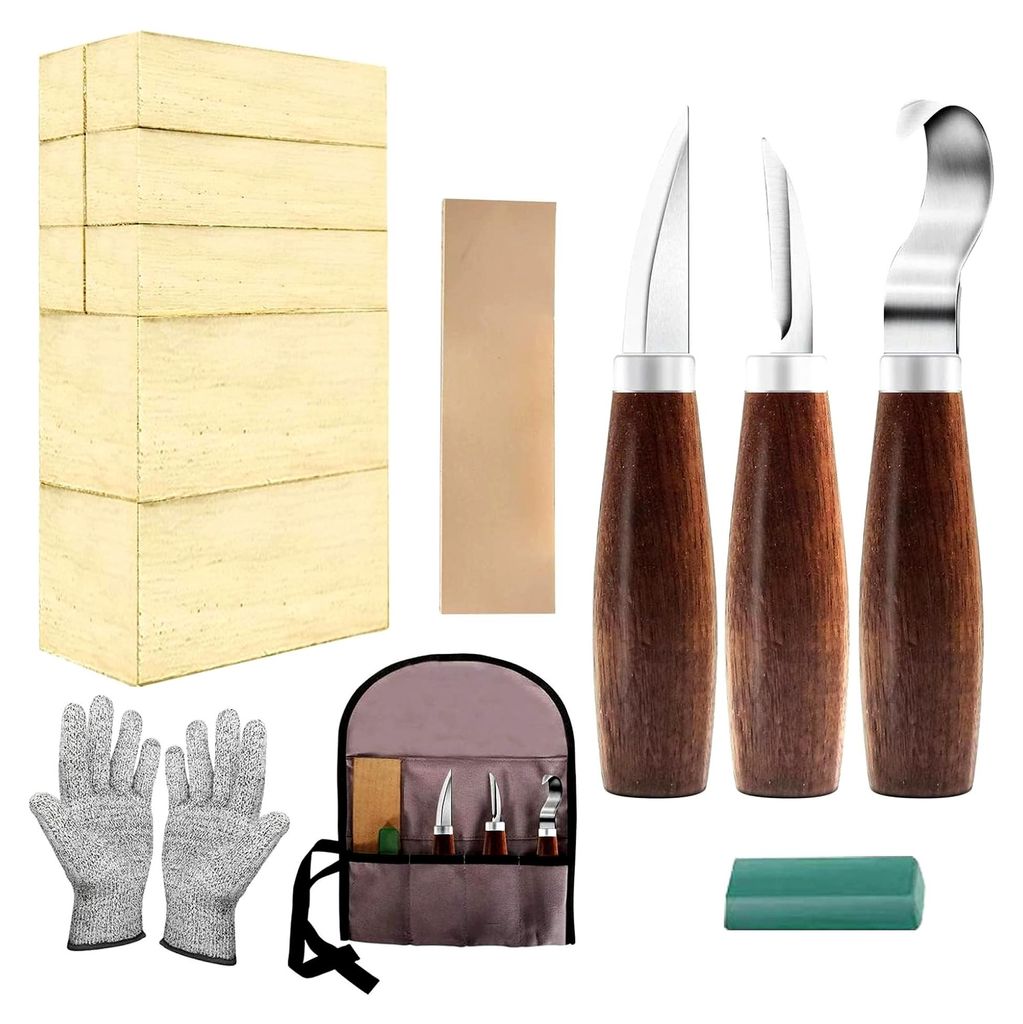 Holzschnitzset mit Lindenholzblöcken, Geschenkset für Erwachsene und Anfänger, enthält 3 Holzschnitzmesser, 8 Blöcke und Handschuhe für Widdl...