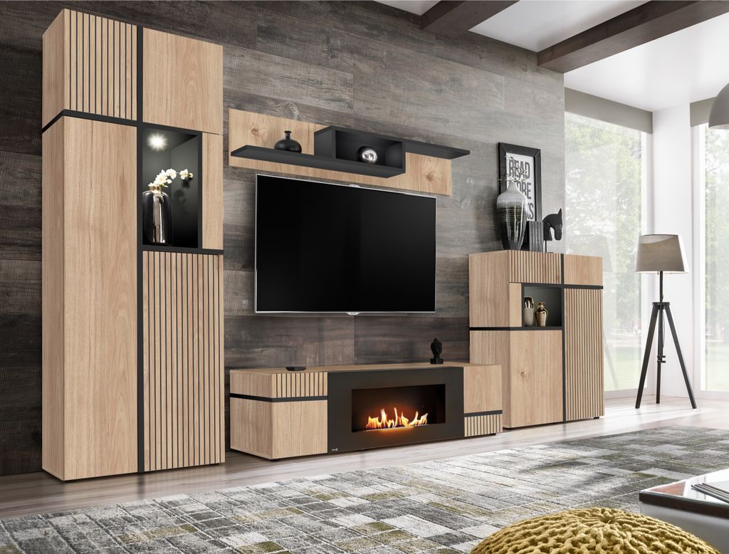 A modern living room with a wall-mounted entertainment unit featuring a fireplace and integrated lighting.