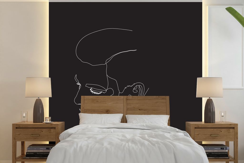 MuchoWow Fototapete für Wohnzimmer oder Schlafzimmer Wandtapete Vinyl Motivtapete Gesicht - Strichzeichnung - Mann - 280x280 cm - Hintergrundbild
