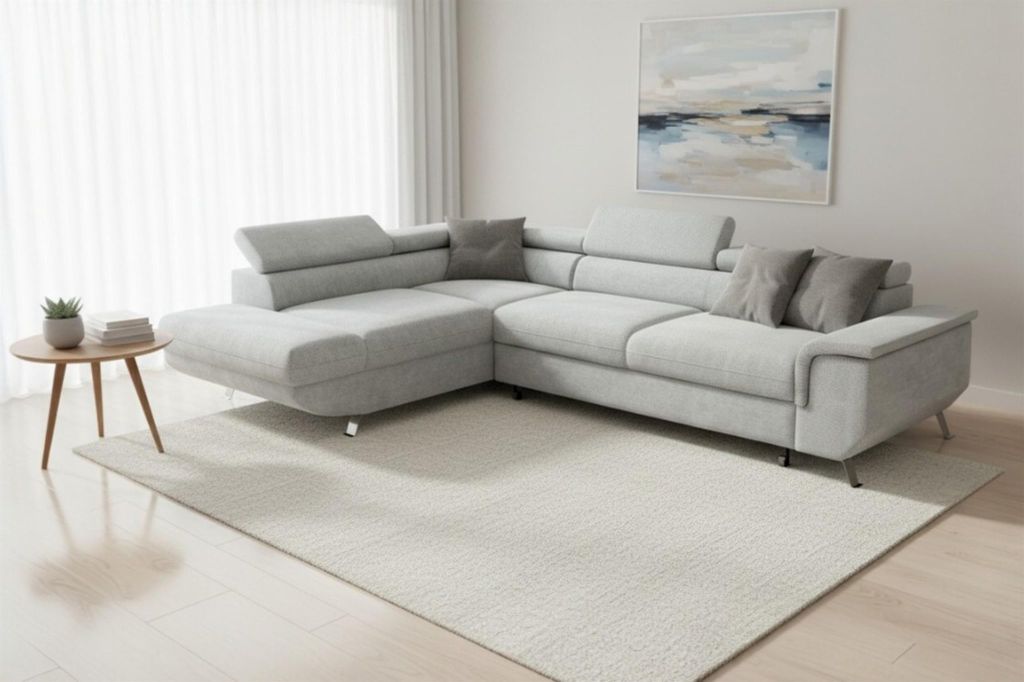 Ecksofa mit Schlaffunktion PLATO Sofa in Stoff Onega Hellgrau Ottomane Links