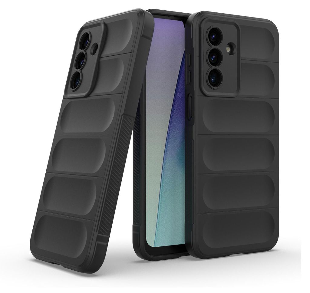Two black phone cases are shown, one open to reveal a phone screen, against a white background.