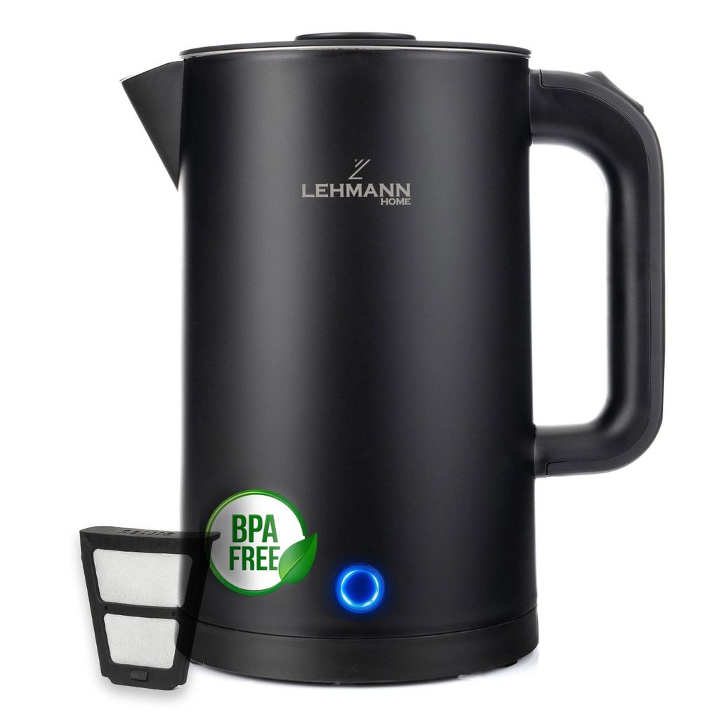 A black electric kettle is shown on a white background, with a small filter accessory next to it.