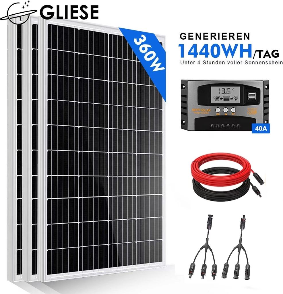 360W 12V Solarpanel Kit Photovoltaik Solarpanel Set monokristallines PV Solarpanel Garten Haus Balkon