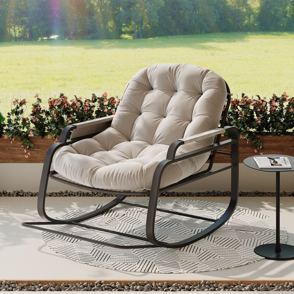 Schaukelstuhl mit gepolsterter Seitentasche, Relaxsessel mit Metallrahmen, Garten Relaxstuhl, Beige Leinenstoff mit braunem Metallrahmen, Faltbarer...
