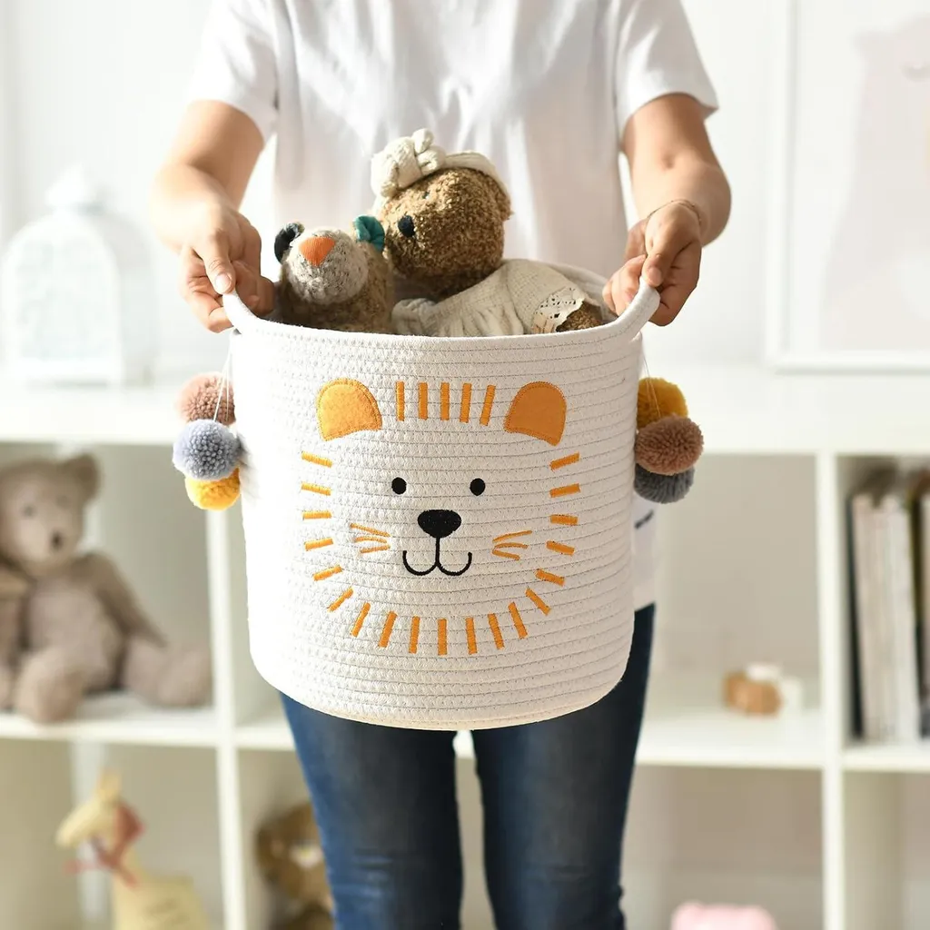 Panier lion en coton naturel avec poignées renforcées pour enfants