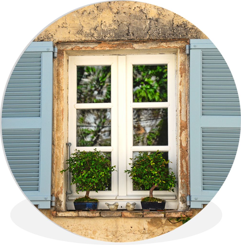 MuchoWow Rundes Wandbild - Runde Bilder Alte Mauer mit blauen Fensterläden Ø 90 cm Kreis Wanddekoration Kunststoff - Wandkreis - Wandschmuck - ...