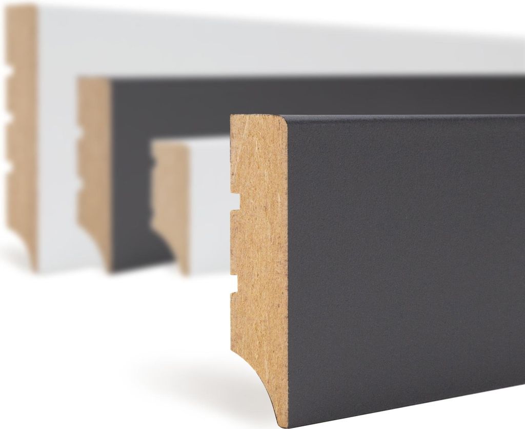 HEXIM Sockelleiste schwarz 2000x50x12mm, 1 Stück Fußleiste MDF foliert, Weimarer Profil Abschlussleiste Fußbodenleiste glatt (Black Lead, 2 Mete...