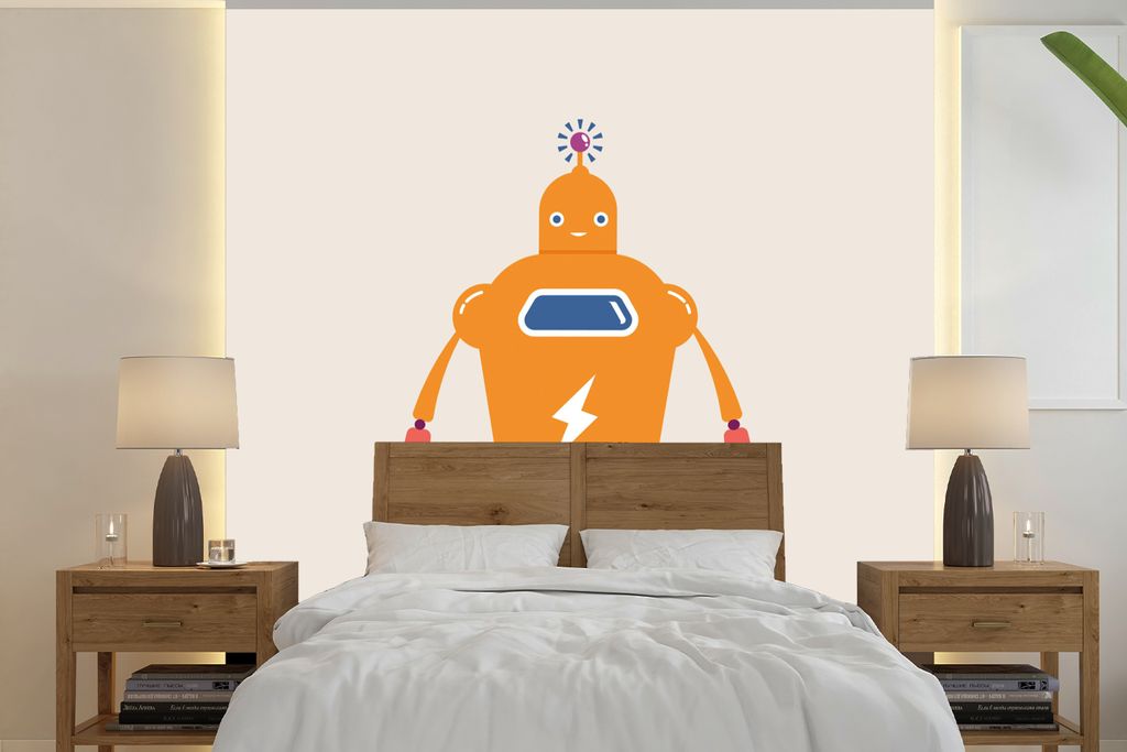 MuchoWow Fototapete für Wohnzimmer oder Schlafzimmer Wandtapete Vinyl Motivtapete Roboter - Antenne - Orange - Blitzschlag - Junge - Kinder - 22...