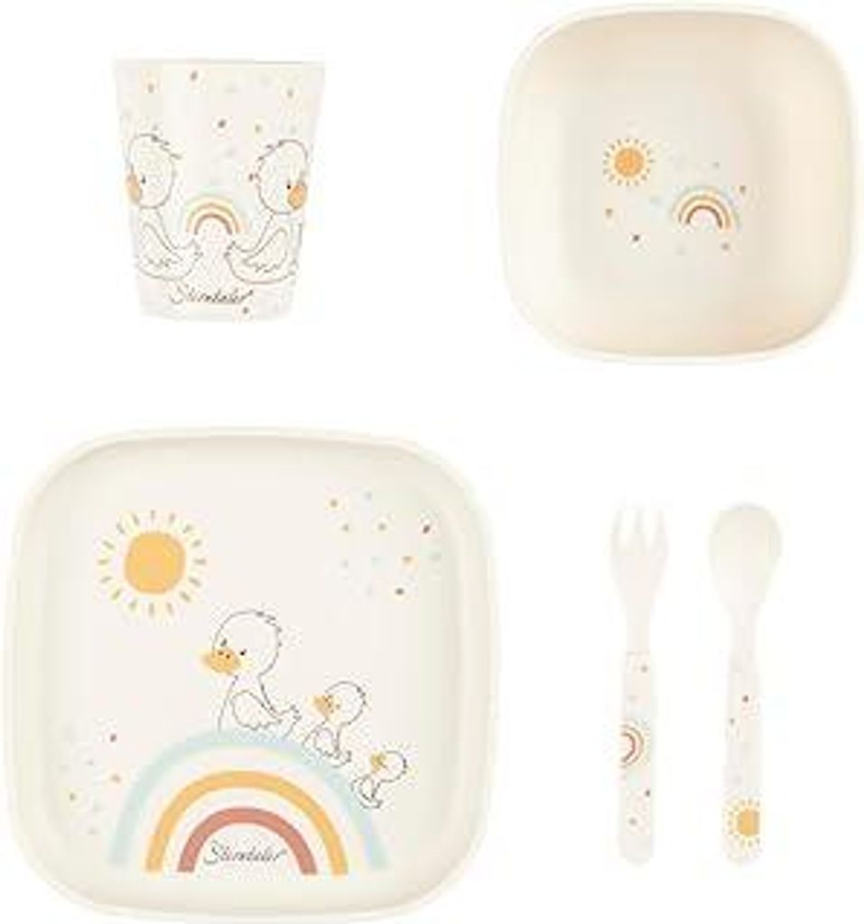 Sterntaler Geschirrset Ente Edda Lou ecru, 5er Set für Jungen und Mädchen bestehend aus Trinkbecher, eckigem Teller, eckiger Breischale und Löff...